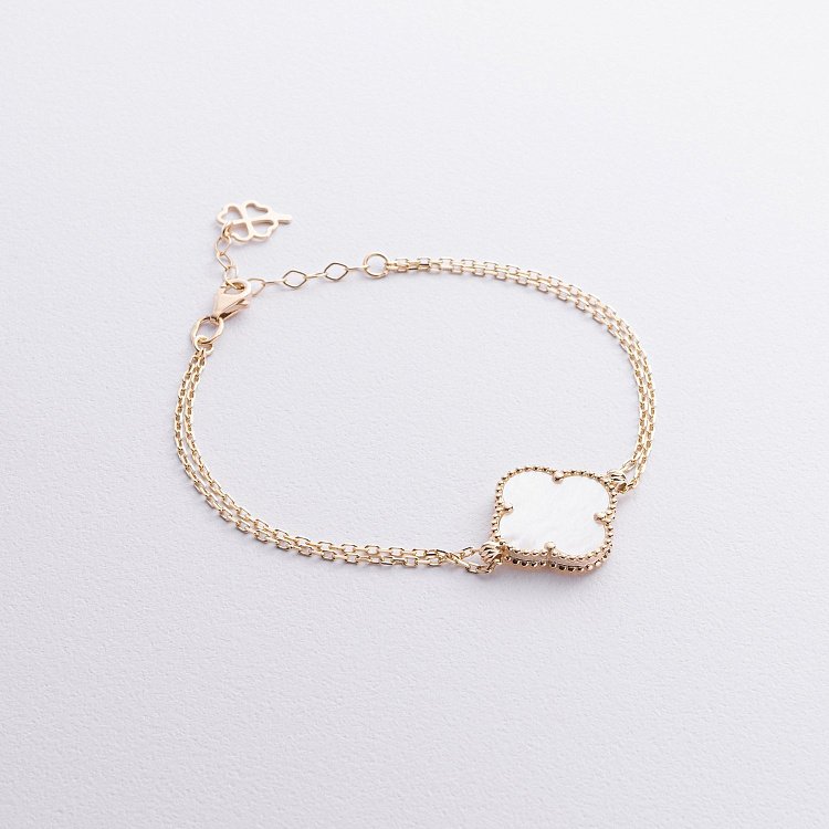 Подвійний браслет "Конюшина" в жовтому золоті (перламутр) б05498 від ювелірного магазину Онікс