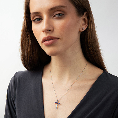 Крестик в белом золоте (бриллианты, сапфиры) пб0399lg №4