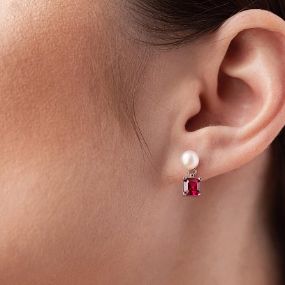 Золоті сережки - пусети "Альма" (рожеві фіаніти, перли) с08247 №8