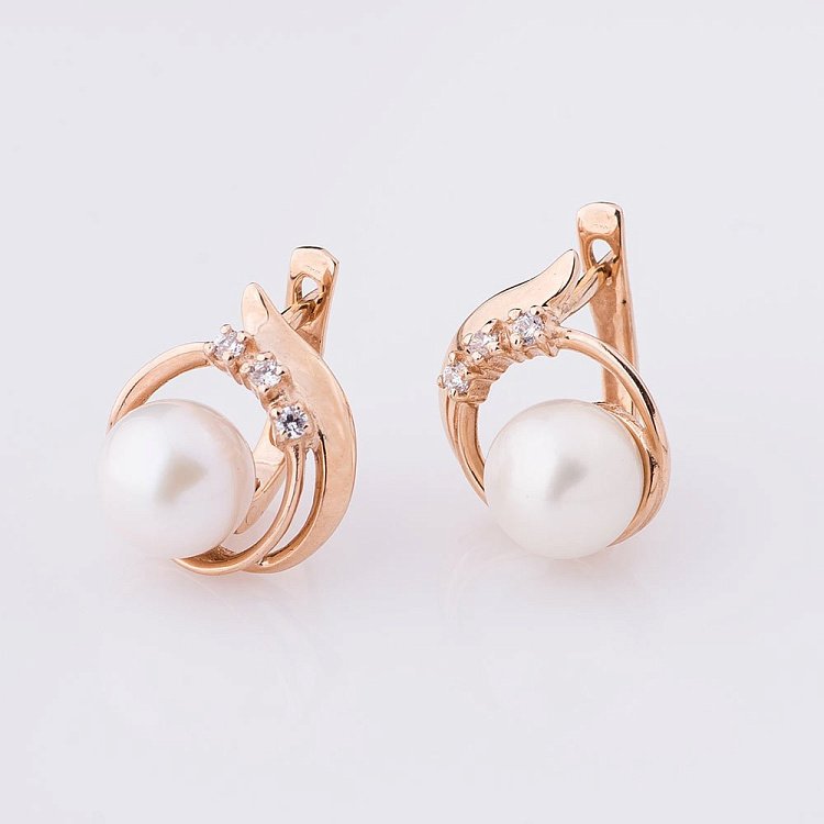 Золотые серьги с фианитами и жемчугом с01636 от ювелирного магазина Оникс - 5