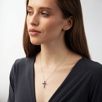 Крестик в белом золоте (бриллианты, сапфиры) пб0399lg №5