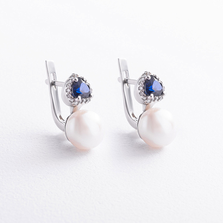 Срібні сережки з перлами, сапфірами і фіанітами 2486/1р-PWTNS від ювелірного магазину Онікс
