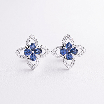 Сережки - пусети "Конюшина" в білому золоті (діаманти, сапфіри) сб0701sm