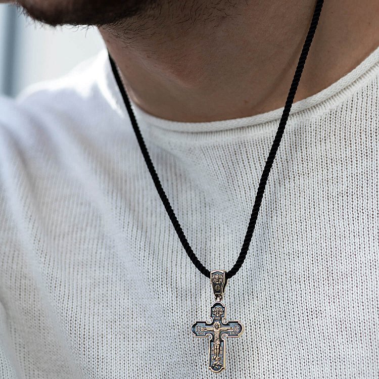 Православный золотой крест "Распятие Христово. Спас Нерукотворный. Икона Божией Матери знамение. Святитель Николай" п03908 от ювелирного магазина Оникс - 3