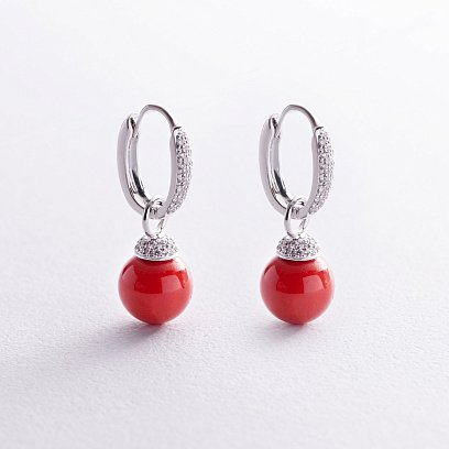 Золотые серьги "Шарики" с кораллом и бриллиантами сб0476ca