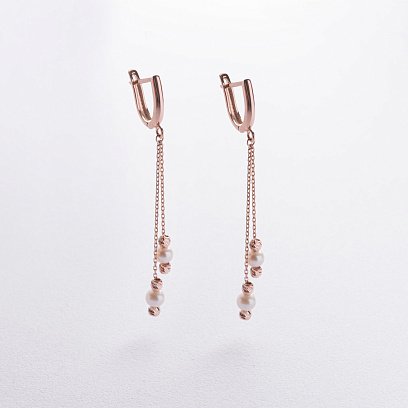 Золотые серьги с жемчугом на цепочке с07717