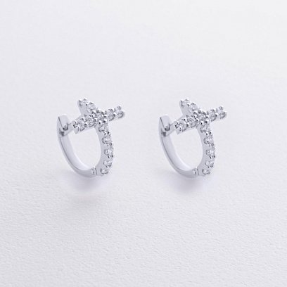 Серьги - кольца "Крестики" с фианитами (белое золото) с09092