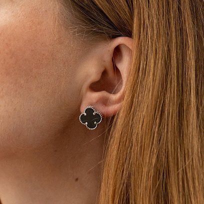 Серебряные серьги "Клевер" (оникс) 123370 №2