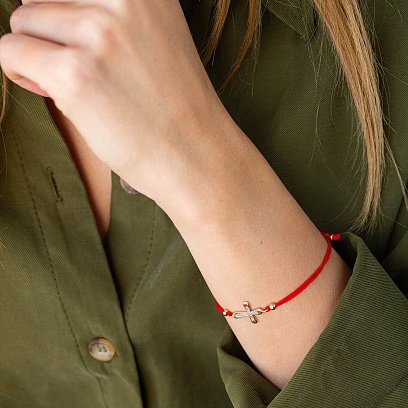 Золотий браслет "Хрестик" з червоною ниткою (фіаніти) б05139 №4