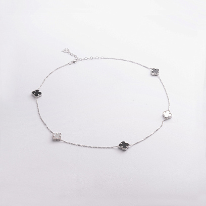 Серебряное колье "Клевер" (оникс, перламутр) 181347