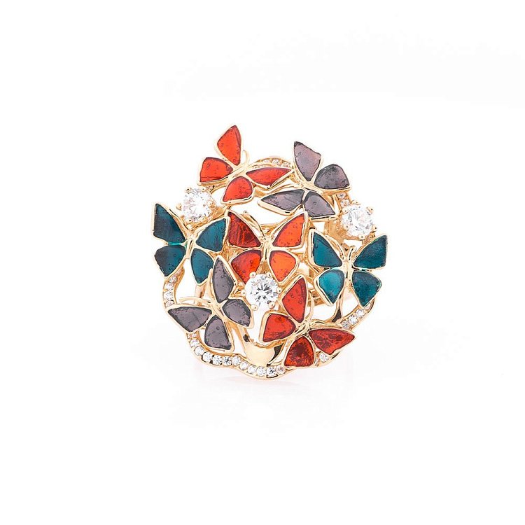 Эксклюзивное золотое кольцо "Бабочки" с эмалью и фианитами к04293 от ювелирного магазина Оникс - 1