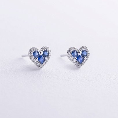 Золоті сережки - пусети "Сердечки" (діаманти, сапфіри) сб0523cha