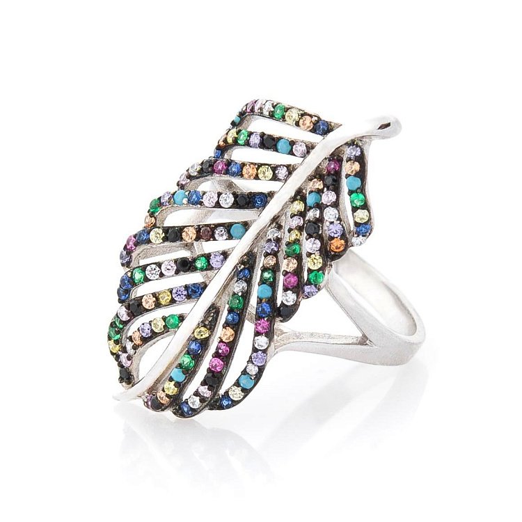 Срібний перстень "Листочок" (різнокольорові фіаніти) 112057 від ювелірного магазину Онікс - 1