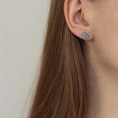 Серьги - пусеты "Цветочки" в серебре (чернение) 122771 №2