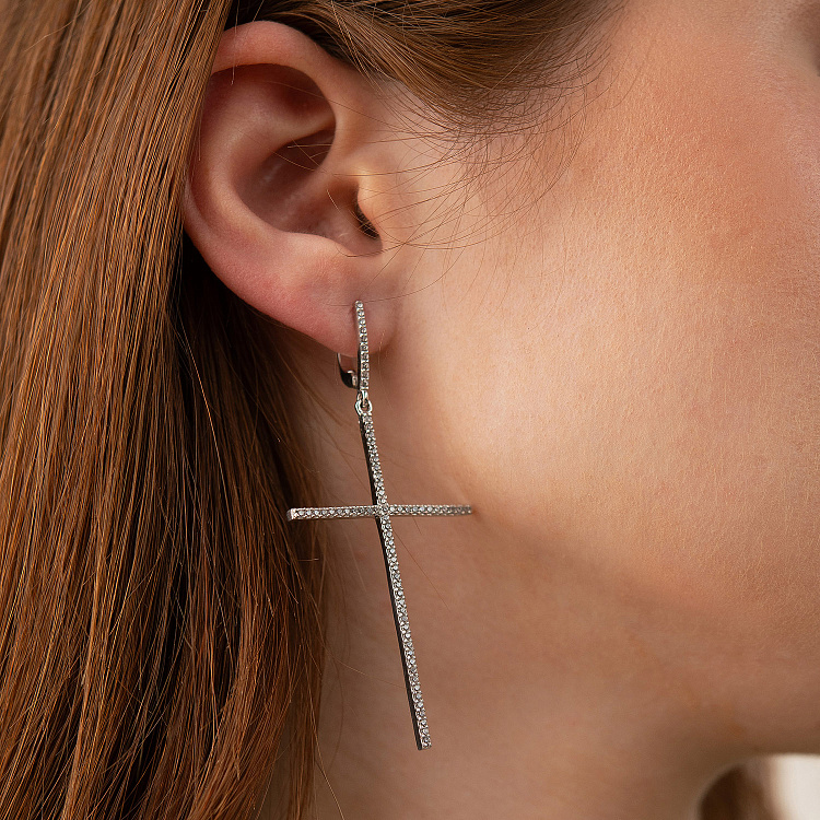 Серебряные серьги "Кресты" с белыми фианитами  3610 от ювелирного магазина Оникс - 7