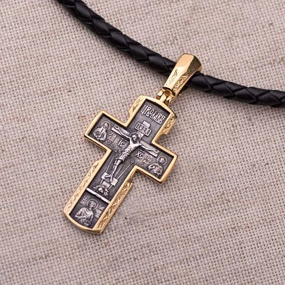 Срібний хрест "Розп'яття Христове. Ікона Божої Матері" з позолотою 132301 №6