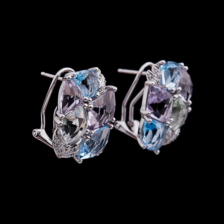 Золотые серьги с бриллиантами, аметистами и топазами E25030C от ювелирного магазина Оникс