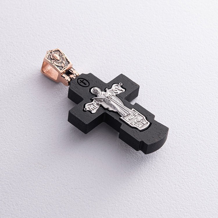 Золотий хрест "Розп'яття. Пресвята Богородиця" з ебеновим деревом 632з від ювелірного магазину Онікс - 2