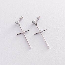 Сережки - пусети "Хрести" в білому золоті (фіаніти) с07368