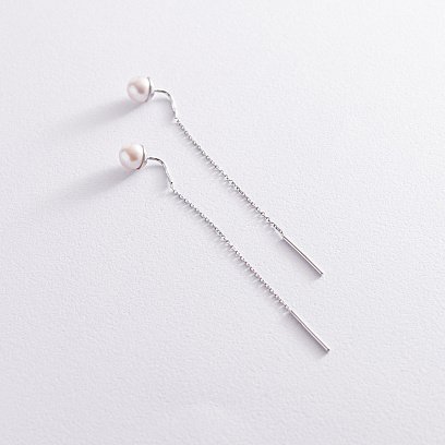 Золоті сережки - протяжки з перлами с07702