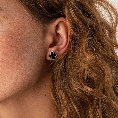 Серебряные серьги - пусеты "Клевер" с ониксом 121725 №2