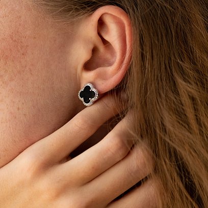 Срібні сережки - пусети "Конюшина" (онікс, фіаніти) 158/1о №4