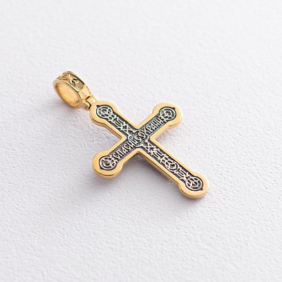 Серебряный крестик "Распятие. Спаси и сохрани" (чернение, позолота) 132527 №7