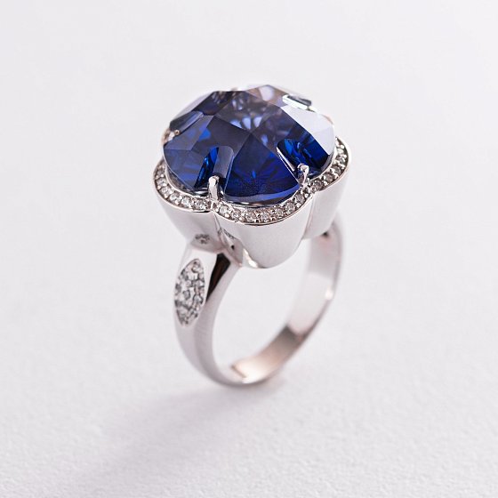 Золота каблучка "Квітка" з синім сапфіром к1005 №3