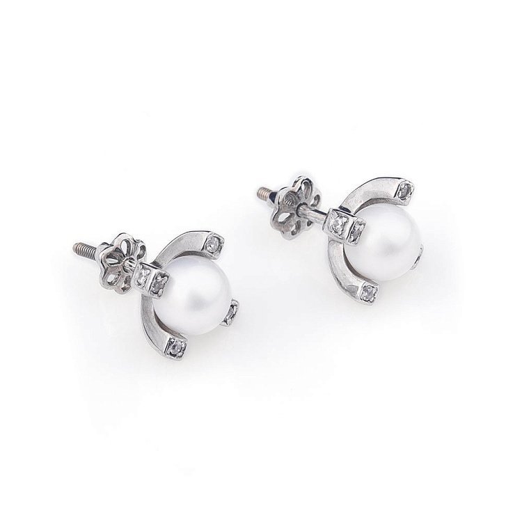 Золотые серьги-пусеты (фианиты, культ.пресн. жемчуг) с04288 от ювелирного магазина Оникс - 1