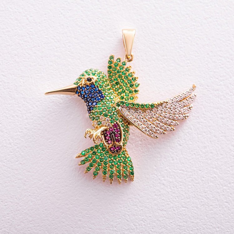 Золотий кулон "Колібрі" (різнокольорові фіаніти) п03646 від ювелірного магазину Онікс