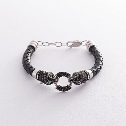 Серебряный браслет "Пантера" с фианитами (кожа) 565L