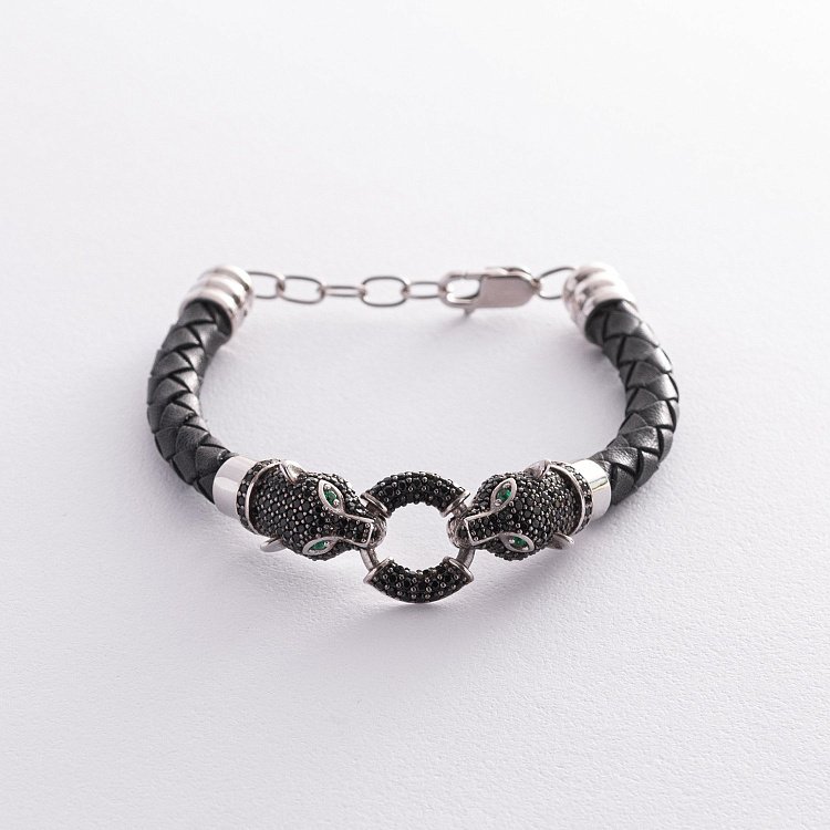 Серебряный браслет "Пантера" с фианитами (кожа) 565L от ювелирного магазина Оникс