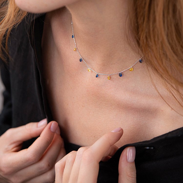 Колье "Украинка" в серебре (синие и желтые фианиты) 181225 от ювелирного магазина Оникс - 3