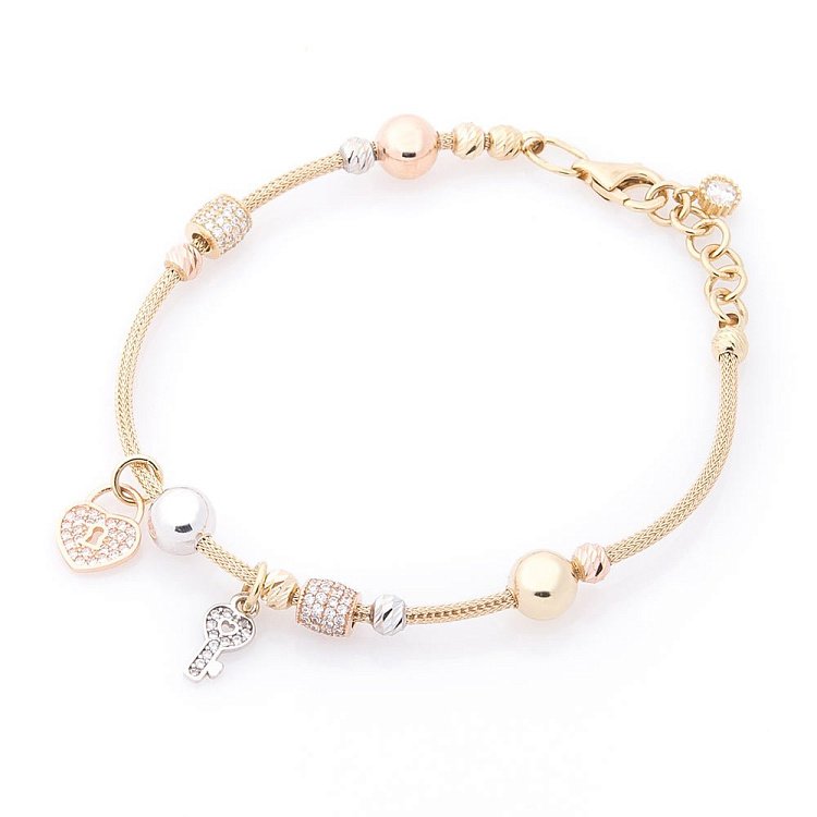 Золотой браслет "Сердечко с ключиком" (фианит) б04006 от ювелирного магазина Оникс