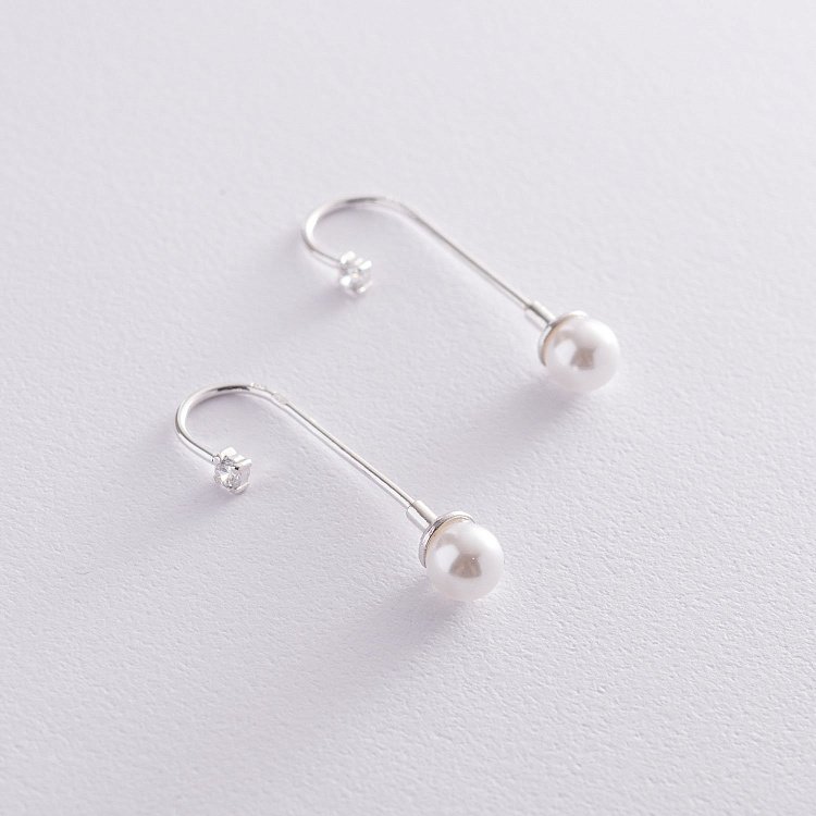 Серебряные сережки женские (фианит, искус. жемчуг) 121310 - 2 Серебряные сережки женские (фианит, искус. жемчуг) 121310 от ювелирного магазина Оникс - 2