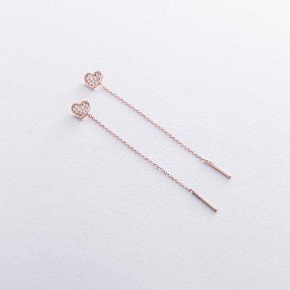 Серьги - протяжки "Сердечки" в красном золоте (фианиты) с08063