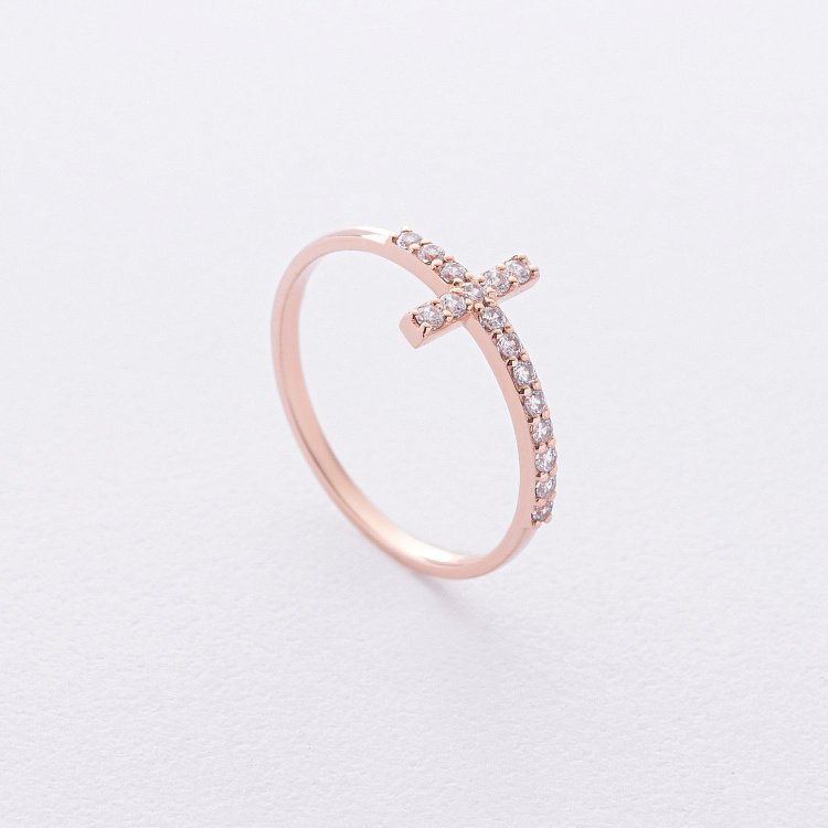 Каблучка "Хрестик" в червоному золоті (фіаніти) к08196 від ювелірного магазину Онікс