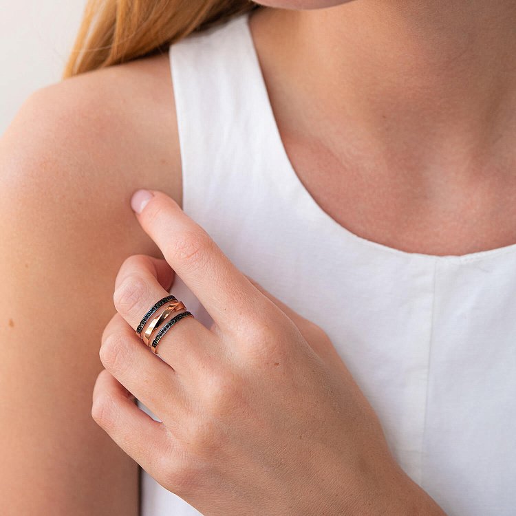 Каблучка в червоному золоті (чорні фіаніти) к07043 - 3 Каблучка в червоному золоті (чорні фіаніти) к07043 від ювелірного магазину Онікс - 3