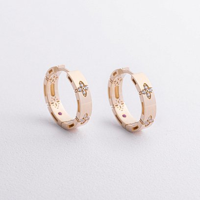 Серьги - кольца "Клевер" в желтом золоте (фианиты) с09228