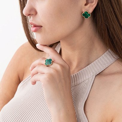 Золоті сережки "Конюшина" з малахітом с07532 №4