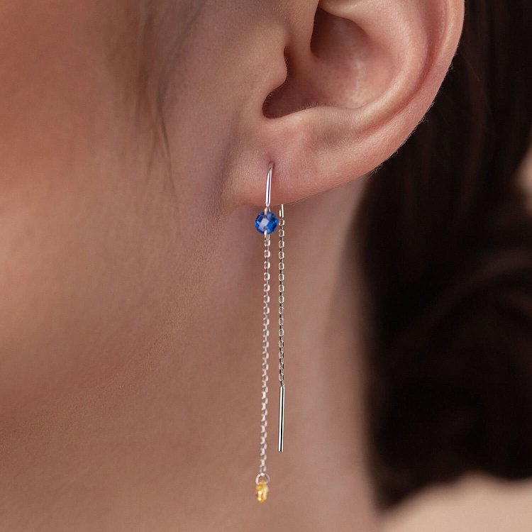 Золоті сережки - протяжки "Українка" (блакитні та жовті фіаніти) с08390 від ювелірного магазину Онікс - 4