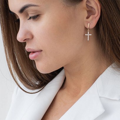 Золотые сережки "Крестики" с фианитами с02439 №7