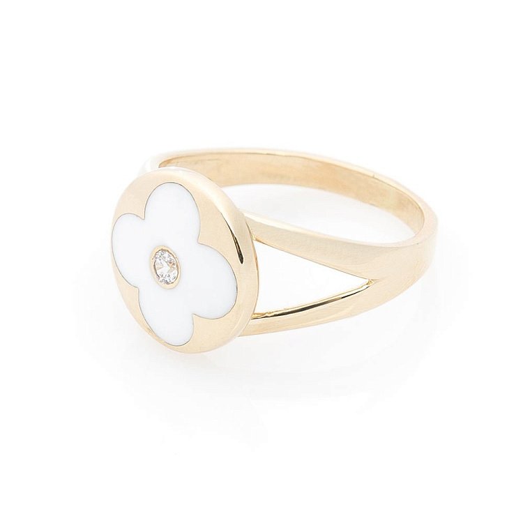Золотое кольцо "Клевер" с фианитом и эмалью к05609 от ювелирного магазина Оникс - 1