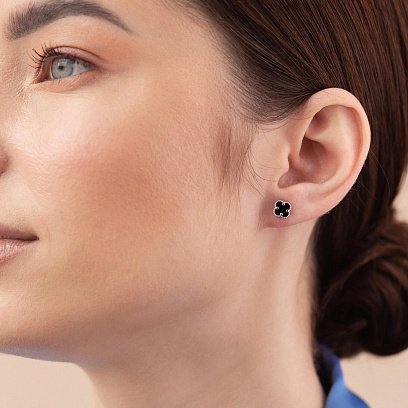 Сережки - пусети "Конюшина" з оніксом mini (біле золото) с08414 №2