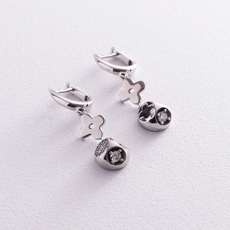 Золотые серьги "Клевер" с фианитами с04488 от ювелирного магазина Оникс - 1