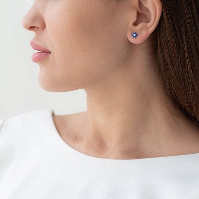 Золоті сережки-пусети "Квітка" з діамантами і сапфірами сб0096lg №2