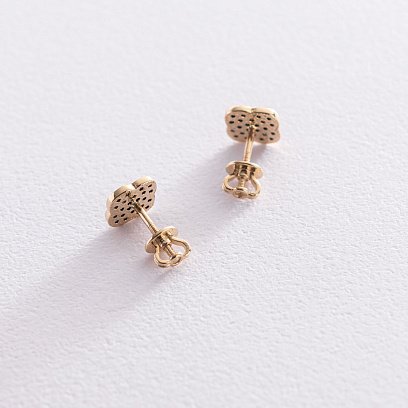 Золоті сережки-пусети "Конюшина" з чорними фіанітами с05620 №3