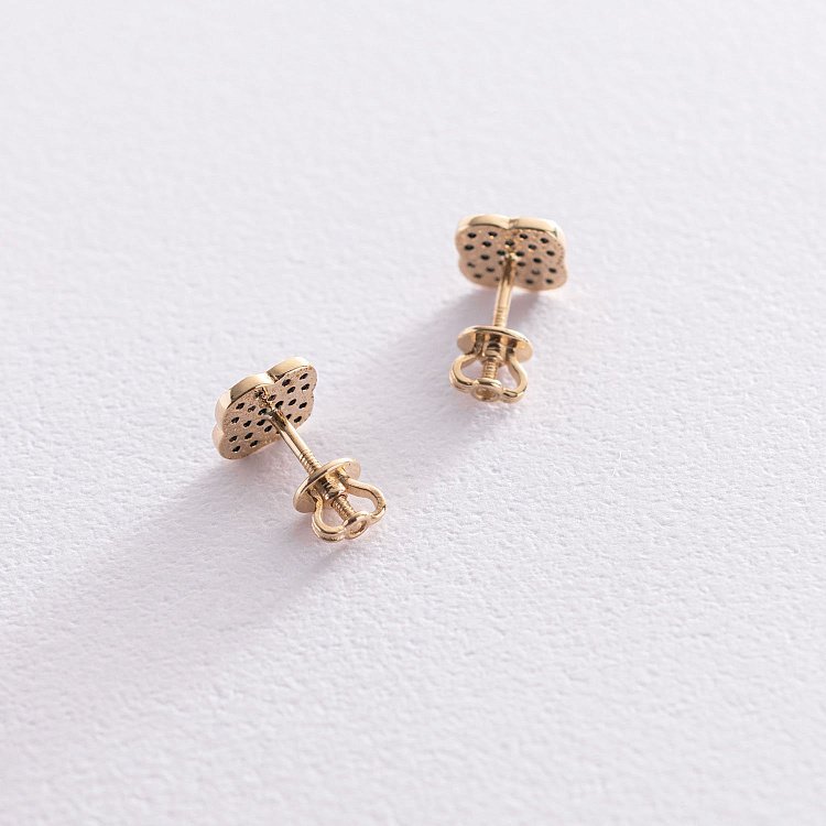 Золоті сережки-пусети "Конюшина" з чорними фіанітами с05620 від ювелірного магазину Онікс - 2