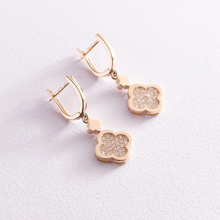 Серьги "Клевер" в желтом золоте (фианиты) с07778 от ювелирного магазина Оникс