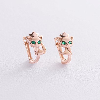 Дитячі золоті сережки "Кошенята" (зелені фіаніти) с07548